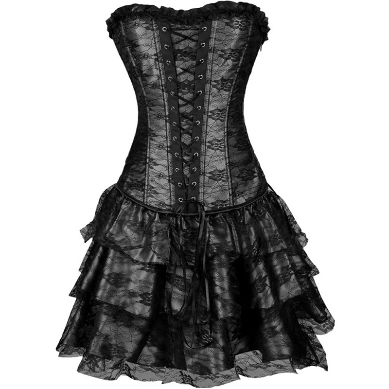 F3243-2 Black Women Layered Lace Up Bone Corsets Floral Corset Dress Women